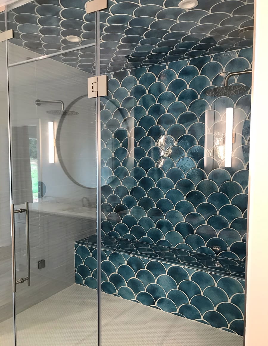 Hartwell Flooring Center | Hartwell, GA | gorgeous blue tile bathroom shower enclosure